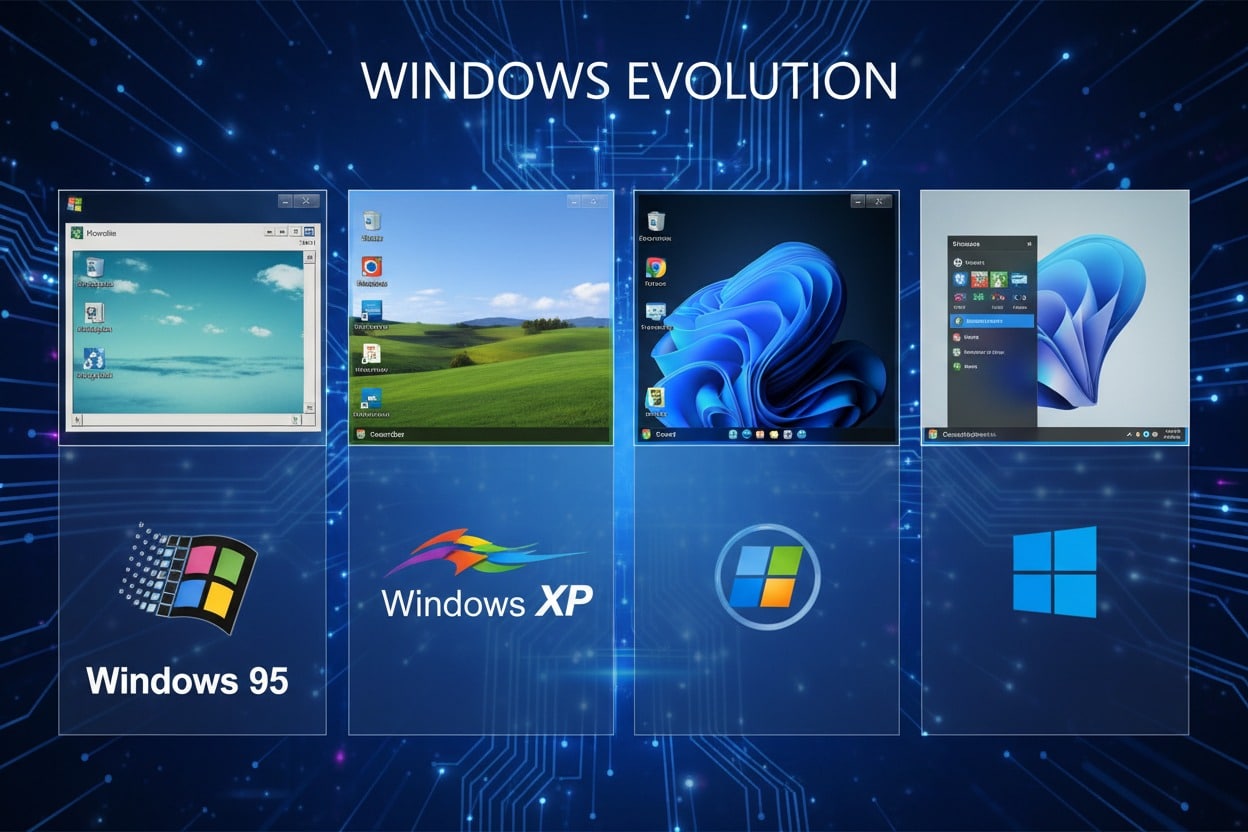 Une infographie illustrant l'évolution visuelle des différentes versions du système d'exploitation Windows, de Windows 95 aux versions modernes.